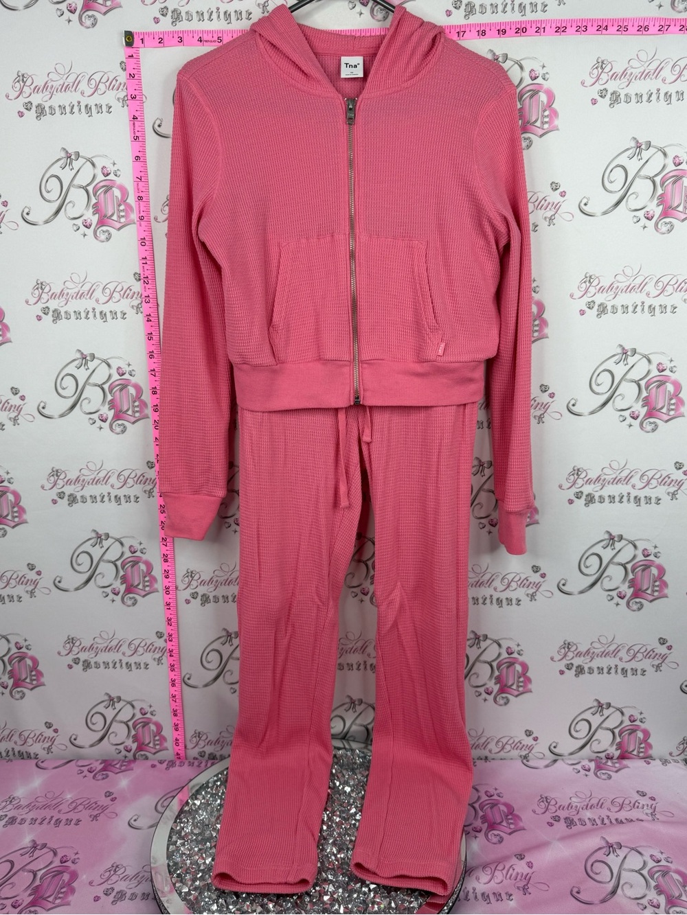 TNA set 2 piece sweater and pants Pink Waffle-Knit Hoodie & Drawstring Pants Set